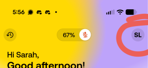 Bee app home screen with the profile initials circled in the top-right corner