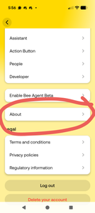 Bee settings list with the About row circled, below Enable Bee Agent Beta